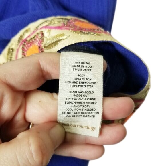 Soft Surroundings Womens Blue Tunic Embroidered Floral‎ Hem 3/4 Sleeves Boho M - Picture 6 of 10